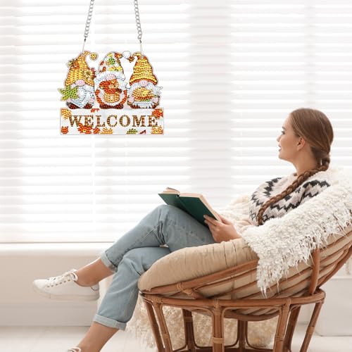 Image of AiYuanzsh Autumn Gnome Diamond Painting Hanging Sign, 5D DIY Acrylic Crystal Rhinestone Diamond Art Kit Pendant, Welcome Fall Decor for Door, Wall or Porch
