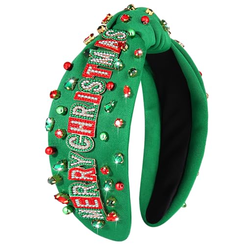 Christmas Headband for Women Holiday Xmas Accessories Beaded Xmas Bow Tree Snowflake HOHOHO Knotted Headbands Red Green Crystal Pearl Top Knot Headband Festive Holiday Gifts (MERRY CHRISTMAS)
