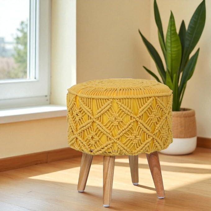 Image of Ottoman Foot Rest Puffy, Cotton Dori Ottoman for Home Decor, Solid Wood Legs Dressing Stool, Footstool Puffy for Living Room & Office Room | 16x17 Inch, Set of 2, Macrame Yellow-Dark Grey