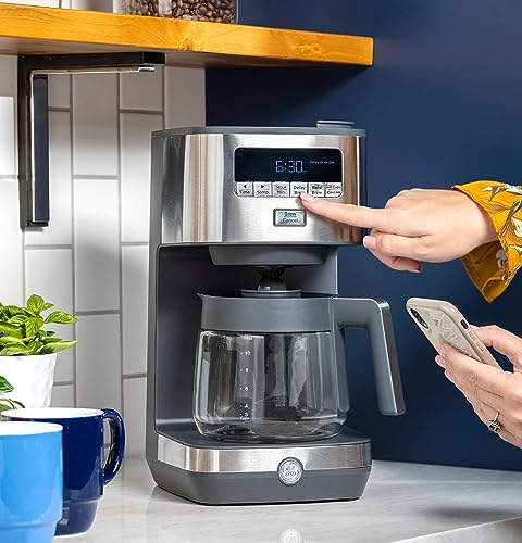 Image of GE Drip Coffee Maker With Timer | 12-Cup Glass Carafe Coffee Pot With Adjustable Keep Warm Plate | Wide Shower Head for Maximum Flavor | Kitchen Essentials | Stainless Steel