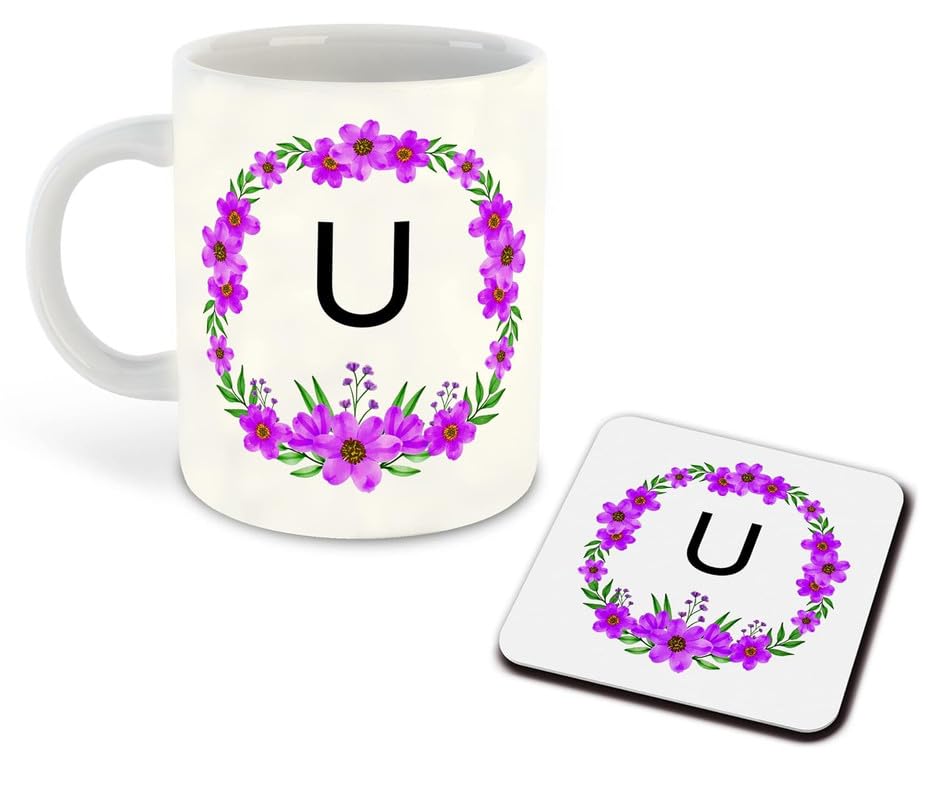 Choicecases "Floral Alphabet Serenity: U Name-Inspired Coffee Mug U Name Alphabet Inspiration Printed White Ceramic Coffee Cup & Mug with Coaster - | Gift for Girl Friend | Sister Gift Design_2421