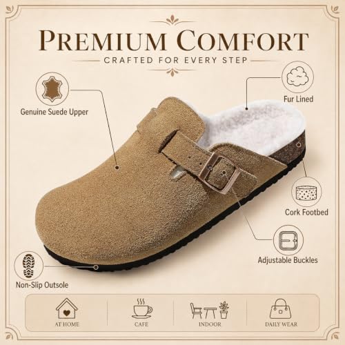 Image of KIDMI Women's Fur Lined Genuine Suede Clogs Fuzzy Cork Footbed Potato Shoes | Adjustable Metal Buckle, Non-slip Rubber Soles, Cushioning, Cozy and Warm, Supportive, Indoor, Outdoor, Winter, Casual