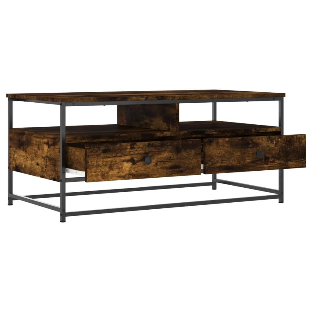 Tavolino da salotto in legno di rovere affumicato, con struttura in metallo, 100 x 51 x 45 cm, tavolino con cassetto e ripiano per soggiorno, ufficio, salone, salvaspazio, vintage, scandinavo