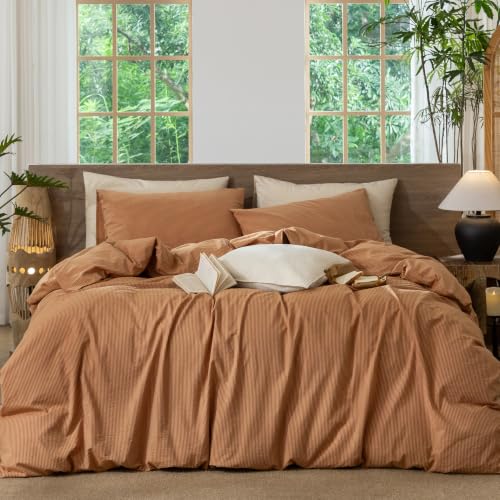 Image of MooMee Striped Duvet Cover Set 100% Washed Cotton Linen Like King | Relaxed Linen-like Texture. Soft, Breathable & Long-lasting Comfort. Lightweight. Hidden Zipper with 8 Interior Corner Ties