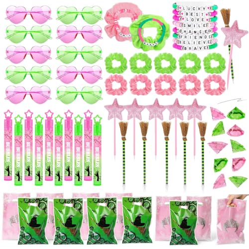 WPAZH 70Pcs Pink and Green Birthday Theme Party Favors 10 Pack Glasses Star Broom Pens Bracelets Hair Bands Gift Goodie Bags Bubbles for Decor Decorations Supplies