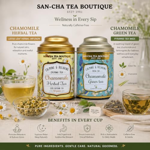 Image of Sancha Tea Boutique, Tea Combo Pack: Chamomile Herbal (50g) & Chamomile Green (25 Pyramid Bags), Calming & Relaxing Teas