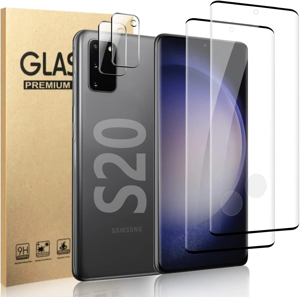 LETANG [2+2Pack] Galaxy S20 Screen Protector Tempered Glass + Camera Lens Protector [9H Hardness][Compatible Fingerprint] 3D Curved HD Clear Glass Film For Samsung Galaxy S20 5G 6.2 Inch