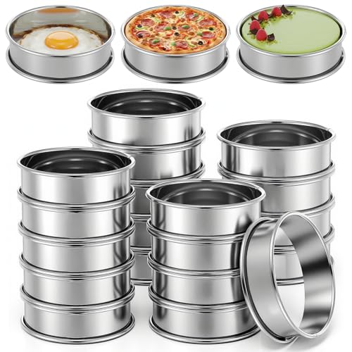 Oqqlin 20 Pcs English Muffin Rings, 3.3 Inch Stainless Steel Double Rolled Nonstick Crumpet Ring Round Metal Tart Rings Molds for Baking Pancakes, Cake, muffins