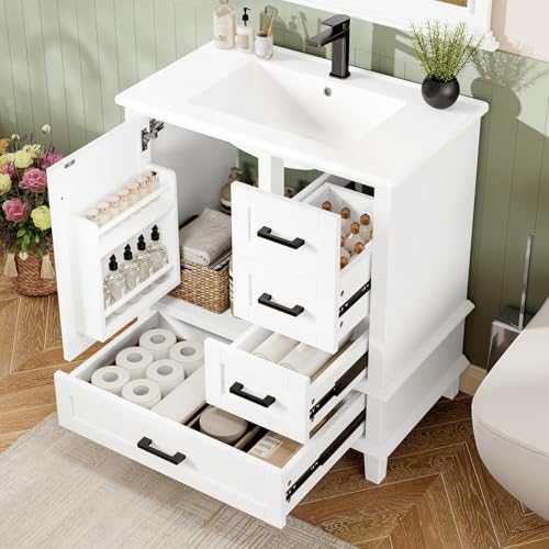 Sweiko Armoire de Salle de Bains avec lavabo76x46x83,5cm,Meuble sous lavabo Salle de Bain avec étagères de Porte,Trois tiroirs Silencieux,lavabo en...