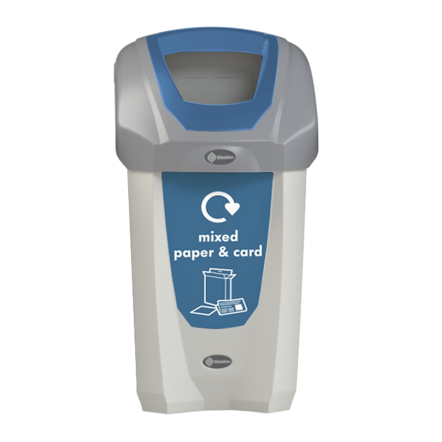 Glasdon Nexus 30 Mixed Paper & Card Recycling Bin (Grey, Pastel Blue Sticker) – Plastic Recycling Container for Mixed Waste – Compact 30-Litre Mixed Recyclables Recycling Bin