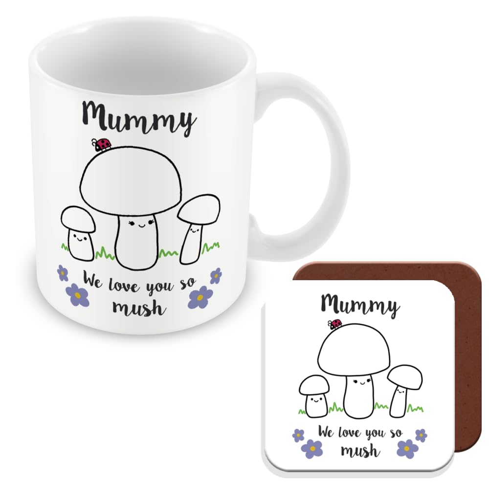 MUGGZ - Mummy We Love You So MUSH - Mug & Coaster - Cute Mushroom Mummy Mug - Gift for Mum - Mum 2 Children