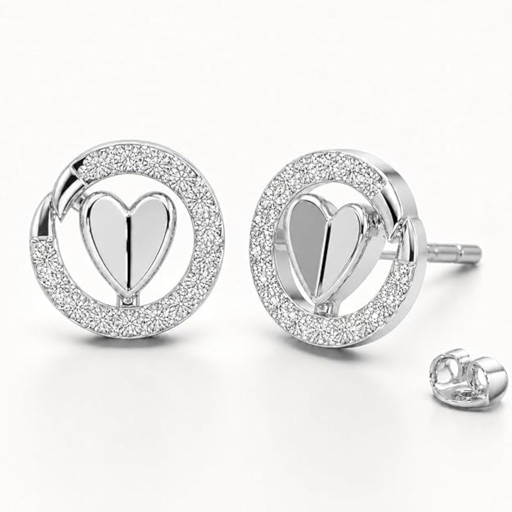 Women's 925 Sterling Silver Heart in Circle Stud Earrings, Cubic Zirconia