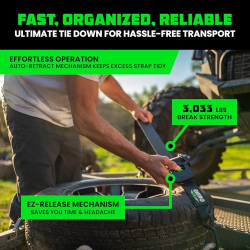 Image of Rhino USA Retractable Ratchet Straps (4-Pack) - 2 Inch x 10 Feet (3,033lb Break Strength) - Heavy Duty Auto Self Retracting Tie Down Straps for Truck, Cargo Trailer, Motorcycle, Rad & More - Black