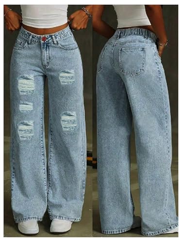 GORGLITTER Girl's Baggy Jeans Wide Leg Ripped Frayed Trim High Waist Cute Denim Pants with Pockets4
