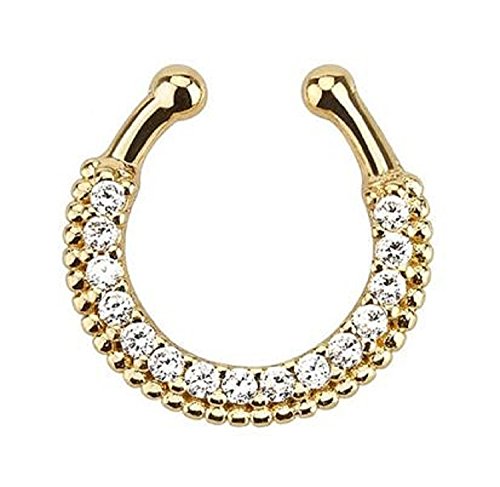 CrazyPiercing Single Line Paved Clear Gem Gold IP Non-Piercing Fake Septum Hanger 510GC