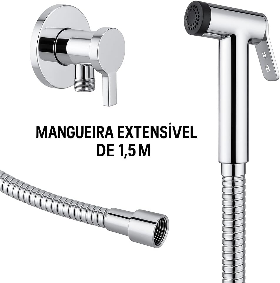 Ducha Higiênica Inox Alta Pressão Banheiro Completo Moderno Econômica Registro 1/4 Volta Mangueira Flexível 1.5M Cabo Ergonômico Simples Instalação Kit Aço Cromado Metal Durável Luxo