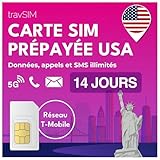 travSIM Carte SIM USA | Réseau T Mobile | Données, appels et textes illimités aux USA | SIM USA Fonctionne sur Les appareils iOS et Android | Carte SIM Prépayée USA 14 Jours