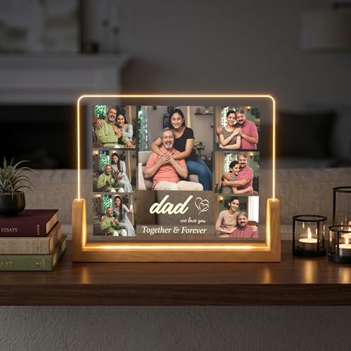 Image of Giftplease Customized Acrylic Photo Frame with LED Light Base | Personalized 7-Photo Collage | Custom Text Night Light | Ideal Birthday, Anniversary, Father, Parents, Family