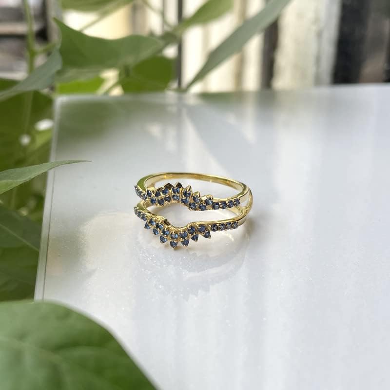 Round Cut Blue Sapphire Matching Enhancer Guard Band for Women, 14K Gold Finish Blue Sapphire Contour Curve Matching Band, September birthstone Ring
