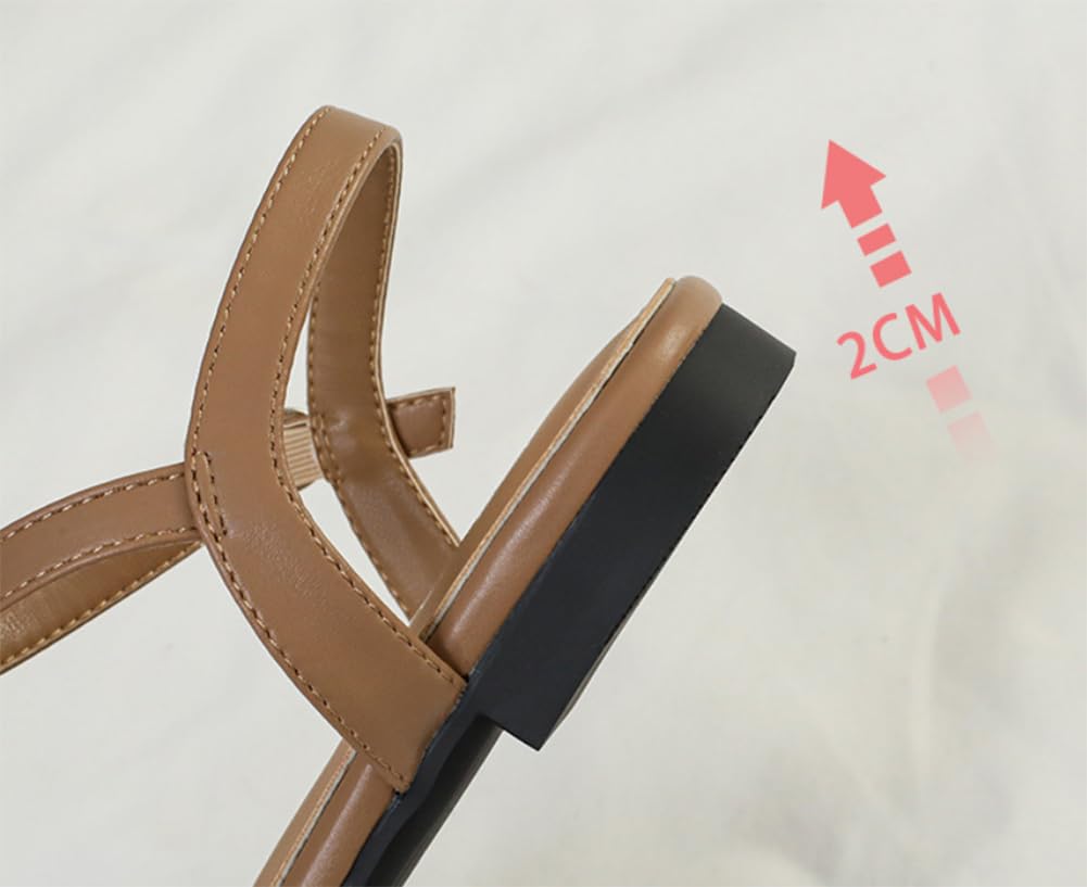 EFLALYHG Sandalias Planas Romanas Cerradas para Mujer, Sandalias con Tira en T y Hebilla Ajustable en el Tobillo, Zapatos Planos Casuales de Verano,Café,42