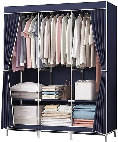 Armario de tela portátil para ordenar tu dormitorio con barra y estantes azul