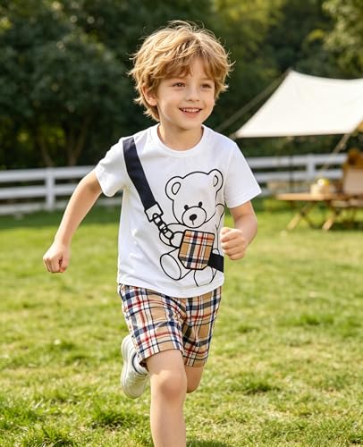 Image of KIDLAGA Kids Toddler Boy Clothes Outfits Bear Print Tee + Plaid Shorts 2 Pieces Summer Shorts Set