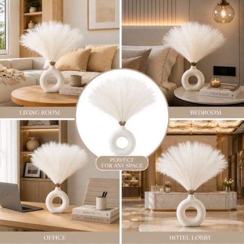 Image of Artificial Pampas Grass Set of 3 for Home Decor, Faux Fluffy Dried Flower Stems for Vase Decoration, Boho Table Centerpiece, Artificial Flowers for Living Room Bedroom Office Decor. (White)