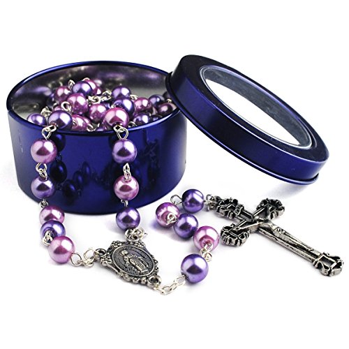 HanlinCC Purple and Pink Glass Pearl Beads Rosary Necklace with Miracuolus Center Piece and Aint-Silver Crucifix with Puprle Metal Gift Box