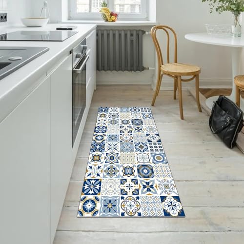 Alfombra pasillo azul de 70x150 cm lavable y de poliéster 5