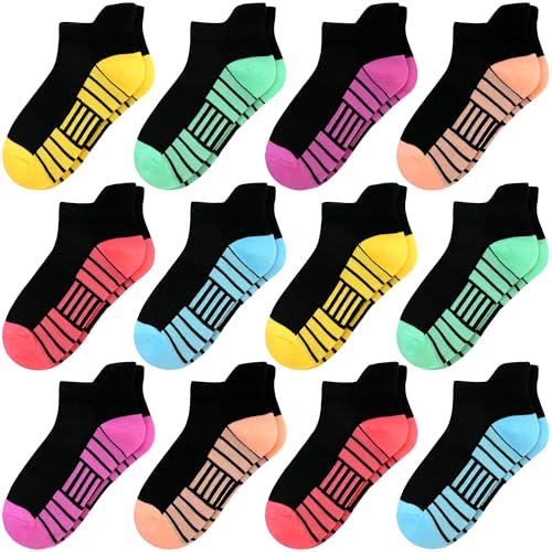 12 Pairs Girls Socks, Athletic Socks for Girls Ankle Sock Cotton Running Sock with Tab for Kids 1-14 Years