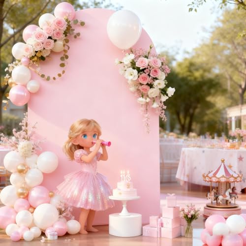 Image of 6FT Baby Pink Arch Covers, Spandex Fitted Wedding Arch Stand Covers Round Top Chiara Backdrop Cover for Birthday Party Ceremony Banquet Decoration