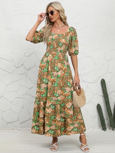 Image of Lyrur Summer Boho Smocked Maxi Dresses for Women Casual Puff Sleeve Square Neck A Line Tiered Ruffle Ankle Length Dress