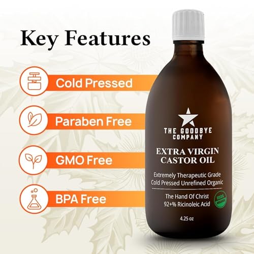 The Goodbye Company Organic Castor Oil – 4.25oz – 100% Pure, Cold-Pressed & Unrefined – Hexane-Free – Nourishing Oil for Healthy Skin, Hair Growth & Eyelashes (120mL)
