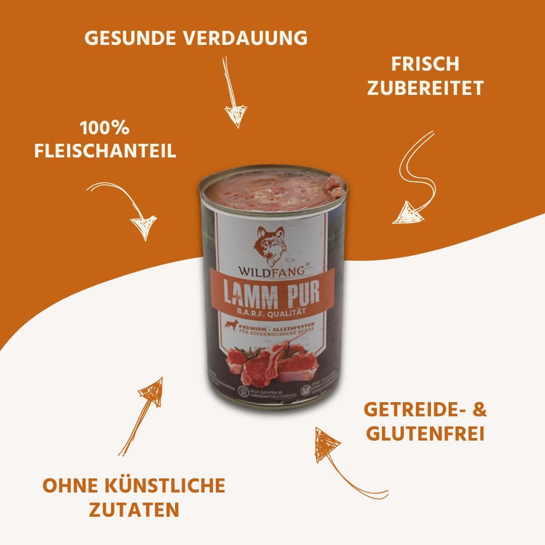 Wildfang® Hundefutter Nass 400g – Premium Pur Lamm Nassfutter für Hunde mit natürlichen Zutaten, Getreidefrei & glutenfrei, ohne Zuckerzusatz, ideal für alle Rassen und Senioren-Hunde – 6er Pack