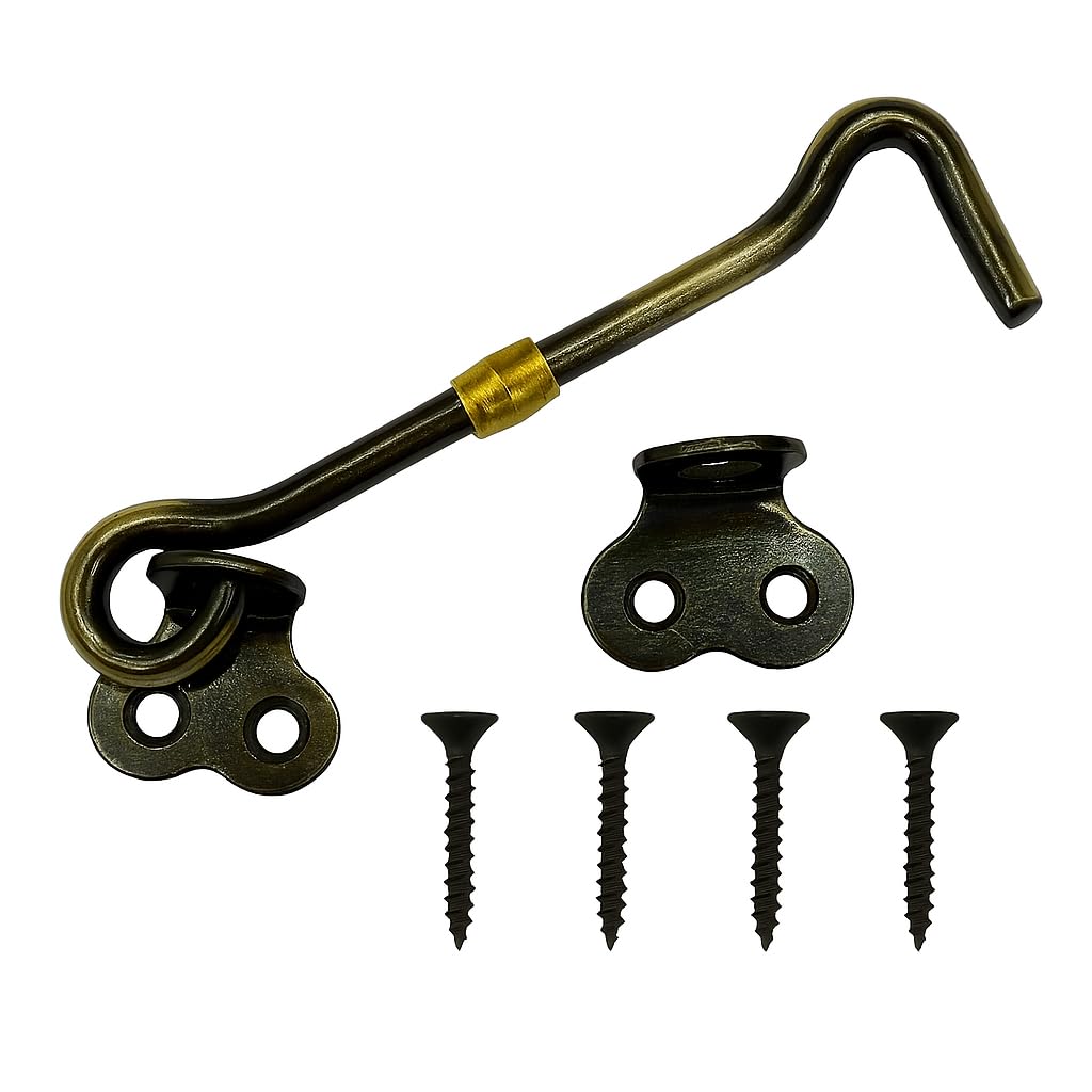 KARTHI7OCT STORE Black-Golden 4 Inch Brass Window Hook (Set of 2) – Vintage Style Cabin Hook Latch with Screws – Antique Door Stopper, Gate & Window Stay Lock-image-8