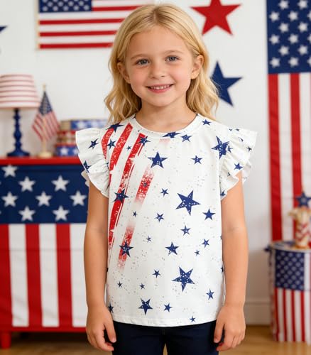 Image of Tkria Girls 4th of July Tank Tops Red White and Blue Shirt Toddler Girl American Flag Patriotic Outfit 2-7 Years
