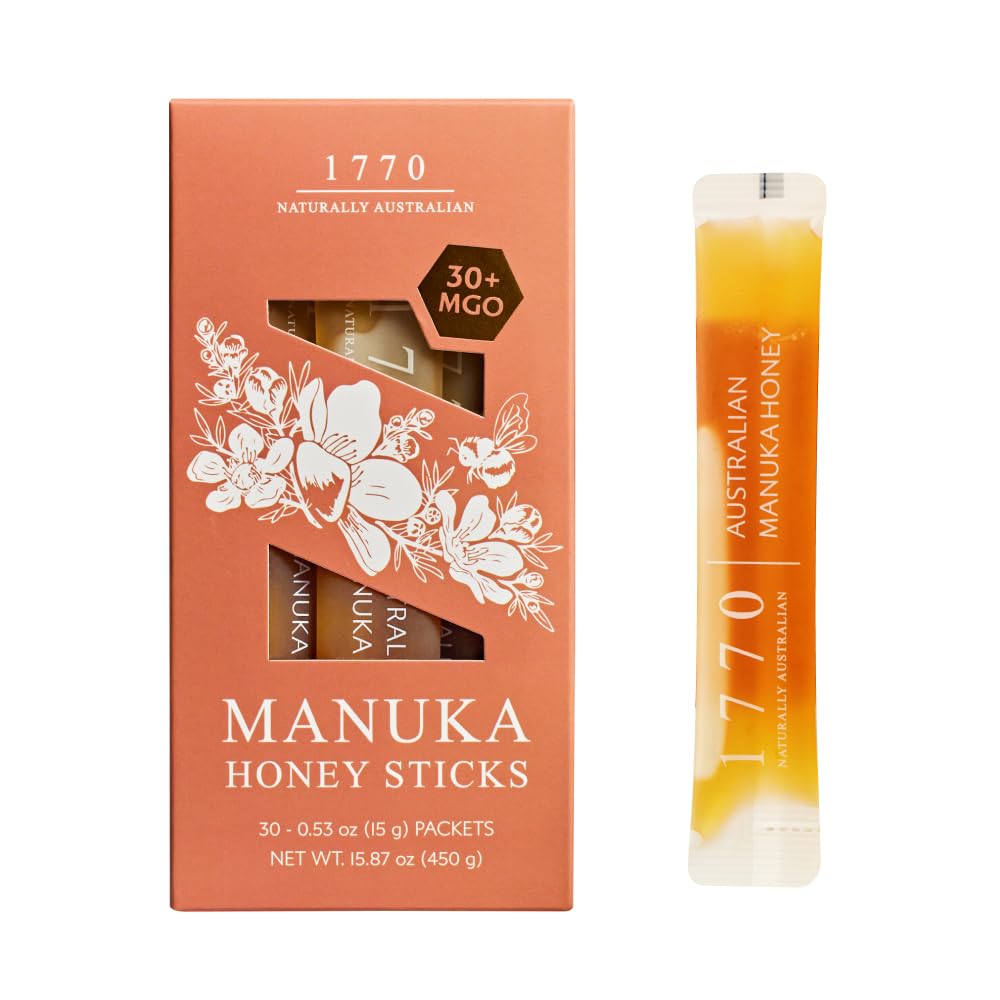 1770 Naturally Australian MGO 83+ Manuka Honey Sticks 30 x 15g, Organic Honey for Tea, Yogurt, & Travel Snacks
