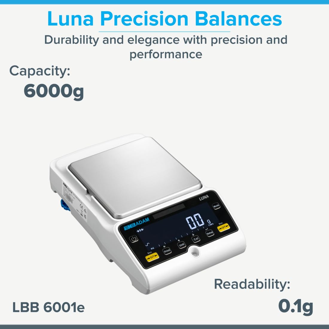 Adam Equipment Luna Precision Balance for Labs, Manufacturing, Density Determination, Purity Analysis, Quality Control, LBB 6001e, 6000g x 0.1g