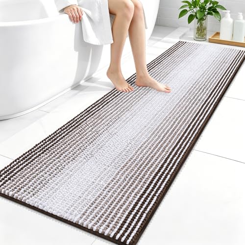 Image of OLANLY Bathroom Runner Rugs 59x20, Extra Soft Absorbent Chenille Striped Bath Rugs, Rubber Backing, Machine Wash Dry, Long Bath Mats for Bathroom, Tub, Shower, Home Decor Accessories, Brown
