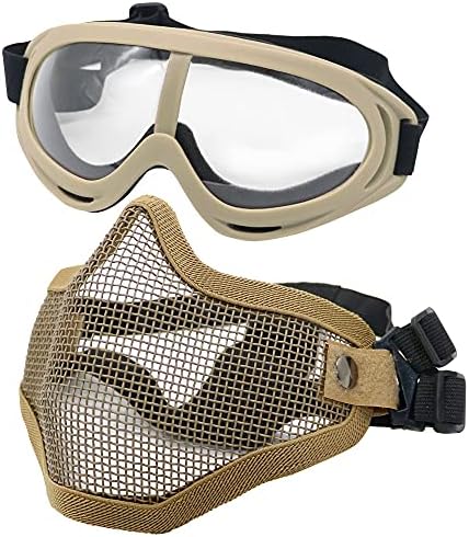 PuddingStation Airsoft Mask and Goggles, AdjustableSteel Mesh Mask Half Face Protection Face Skull Set, Outdoor Glasses Goggles for Paintball Shooting Cosplay War Game