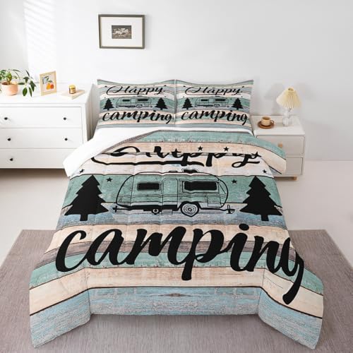 Image of Camper Comforter Twin Size Happy Camping Bedding for Boys Kids Girls Rustic Farmhouse Style Comforter Set, Camper Accessories for Travel Trailers, Camper Must Haves,Teal Blue Vintage Wooden Quilt Set