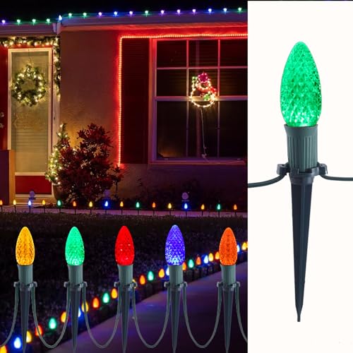 MAINDECO C9 Christmas Pathway Lights with Stakes,Multicolor,30 Ft 30 Strawberry LED Bulbs and Stakes,Connectable Shatterproof Outdoor Lights Marker for Xmas Yard Garden Path Lawn Walkway Sidewalk