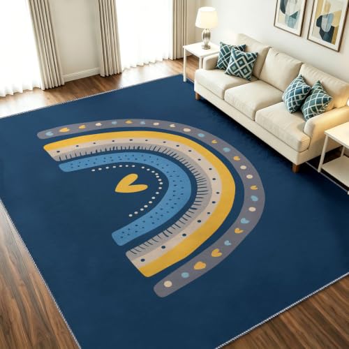 Alfombra azul de salón nórdico 150x210 cm lavable con diseño de arcoíris 2