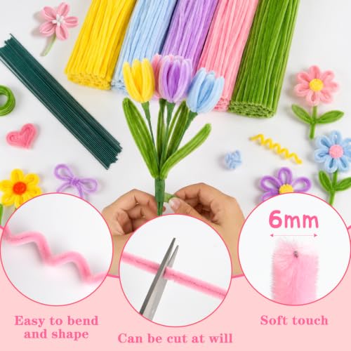 Image of ASTARON 521 Pcs 5 Colors Art Chenille Stems Pipe Cleaners Flower Making Kit | Macaron Colors Craft Pipe Cleaners,20 Floral Wires,Gardening Tape, Flowers Making Kit,Polyester Fluffy Pipe Cleaners Set