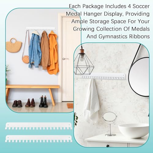 Image of Geetery 4 Pack Medal Hanger Display with 20 Hooks Each, Sturdy Steel Wall Mount Medal Holder Rack Holds 60+ Awards for Gymnastics Marathon Sport Runner Soccer Wrestle Swim, Easy to Install