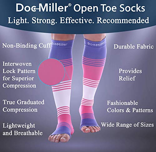 Doc Miller Open Toe Compression Socks Women And Men 20-30Mmhg, Toeless Compression Socks Women, Support Shin Splints, Calf Recovery, Varicose Veins, 1 Pair Medium Pink Violet White #TOP2