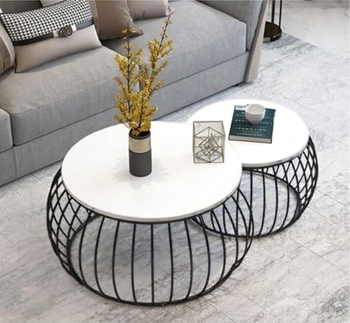 Image of Modern Coffee Tables Round Marble Laminated Tables Set of 2, Stacking Couch Center Table with Golden Metal Frame for Living Room, Bedroom or Apartments (Black White)