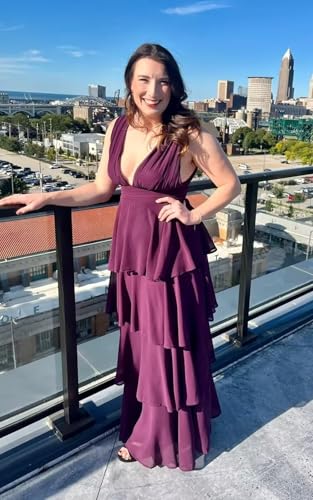 GATMAHE Tiered Chiffon Bridesmaid Dresses for Women Deep V Neck Ruffle A Line Long Formal Evening Dress4