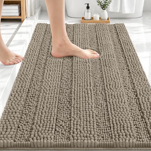 Image of OLANLY Thick Bathroom Rugs 30x20, Extra Soft Absorbent Chenille Striped Bath Rugs, Rubber Backing, Machine Wash Dry, Bath Mats for Bathroom Floor, Tub and Shower, Home Decor Accessories, Warm Taupe
