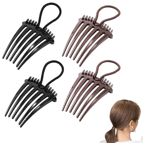 4pcs Bandette Comb with Elastic Band Bump It Up Hair Combs Practical Ponytail Hair Comb Fluffy Hair Comb for Women Hair Styling Accessories (Black Brown)